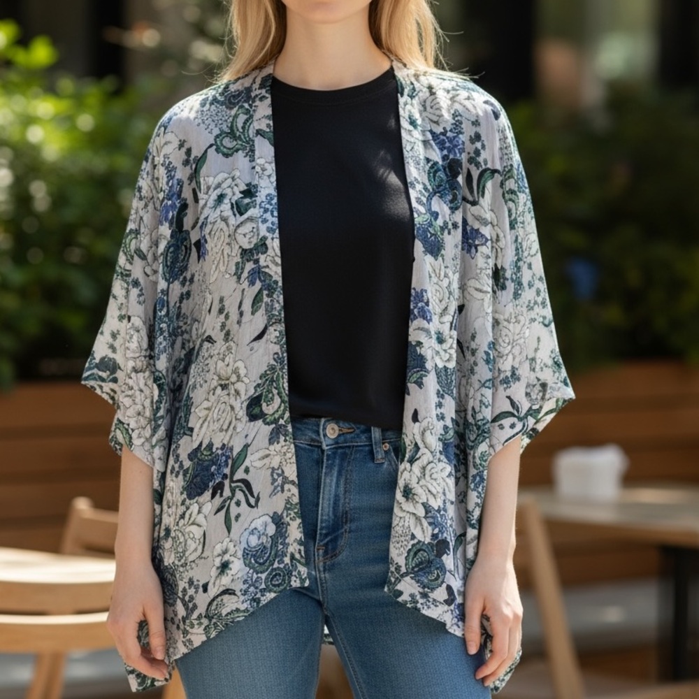 LOFT Floral Open-Front Kimono in Blue and Green